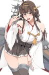  1girl adapted_turret ahoge artillery bare_shoulders blush boots breasts brown_hair cannon detached_sleeves double_bun hair_bun hairband hakama hakama_short_skirt hakama_skirt headgear highres japanese_clothes kantai_collection kongou_(kancolle) kongou_kai_ni_(kancolle) long_hair looking_at_viewer machinery nontraditional_miko open_mouth purple_eyes ribbon-trimmed_sleeves ribbon_trim rigging ship_turret skirt smile smokestack solo thigh_boots thighhighs white_background zekkyon 
