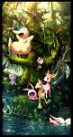  ampharos archen archeops black_border blush border buizel bunnelby cyndaquil day espurr fangs food goomy highres holding holding_food jirachi karamimame mawile moss no_humans open_mouth outdoors pancham plant pokemon pokemon_(creature) pokemon_mystery_dungeon pokemon_super_mystery_dungeon ripples rock shelmet slurpuff swirlix tree vines 