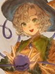  1girl :d absurdres black_hat collared_shirt commentary crystal curly_hair curtained_hair frilled_shirt_collar frills green_eyes green_sleeve_cuffs grey_hair hat head_tilt highres jewelry komeiji_koishi light_blush long_sleeves looking_at_viewer oftooon open_hands open_mouth pendant shirt simple_background smile solo sun_hat third_eye touhou upper_body watermark white_background yellow_shirt 