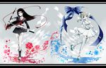  bandages bati15 black_hair blonde_hair blue_eyes bow breasts checkered cleavage drill_hair katana long_hair medium_breasts multiple_girls navel open_mouth original red_eyes ribbon school_uniform scythe serafuku sheath sword thighhighs twin_drills twintails weapon white_legwear 