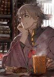  1boy book bookshelf cake chewing cup dare_ga_yuusha_wo_koroshita_ka eating food food_wrapper happy head_rest indoors light_smile solo steam toi8 