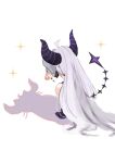  1girl absurdres ahoge black_nails cat_shadow_puppet_(meme) commentary detached_sleeves double_w highres hololive horns la+_darknesss long_hair meme middle_w naaa_gg nail_polish pointy_ears shadow simple_background solo sparkle squatting striped_horns tail very_long_hair virtual_youtuber w white_background white_hair 
