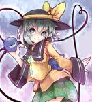  aqua_hair blue_eyes green_skirt hat hat_ribbon heart heart-shaped_pupils heart_of_string kanabun komeiji_koishi looking_at_viewer ribbon skirt smile symbol-shaped_pupils third_eye touhou 