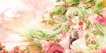  cat detached_sleeves flower green_eyes green_hair hatsune_miku kaio_(watagami) long_hair open_mouth sitting solo thighhighs twintails very_long_hair vocaloid 