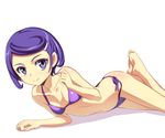  barefoot bikini caryo collarbone dokidoki!_precure hair_ornament hairclip kenzaki_makoto long_legs looking_at_viewer lying nanashino navel on_side precure purple_bikini purple_eyes purple_hair purple_swimsuit short_hair side-tie_bikini simple_background smile solo swimsuit white_background 