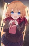  1girl bag blue_eyes blue_skirt blush brown_coat center-flap_bangs coat commentary_request cowboy_shot embarrassed getabako gift_bag grey_jacket hair_flaps highres holding holding_bag indoors jacket long_sleeves looking_at_viewer medium_hair mochigome_(ununquadium) open_mouth orange_hair original plaid_clothes plaid_scarf pleated_skirt red_scarf scarf school shirt sidelocks skirt solo standing valentine white_shirt 
