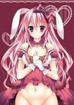  animal_ears bow breasts bunny_ears cleavage crown detached_collar dress gloves groin hair_bow hands_together heart lifted_by_self long_hair medium_breasts mini_crown navel no_panties original out-of-frame_censoring pink_hair red_background simple_background skirt skirt_lift smile solo sorai_shin'ya white_gloves 