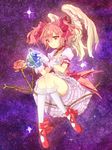  bow_(weapon) earth flower giantess gloves hair_ribbon kaname_madoka mahou_shoujo_madoka_magica pink_eyes pink_hair ribbon rose shimotsuki_(ichiruki) skirt smile solo space twintails weapon wings 