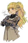  1girl arm_armor armor blonde_hair blue_eyes brown_dress character_name couter dress elf elmon_(wizardry) gauntlets highres long_hair looking_at_viewer muramasa_mikado pauldrons pointy_ears ponytail rerebrace shoulder_armor simple_background smirk solo upper_body vambraces white_background wizardry wizardry_variants_daphne 