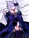  1girl akitsu_nezu animal_ears black_bow black_bra black_ribbon black_thighhighs book_of_star_mythology bow bra english_commentary fox_ears fox_girl fox_tail garter_straps grey_hair hair_over_eyes highres japanese_clothes kimono kitsune layered_kimono long_sleeves nipple_slip nipples off_shoulder on_bed ribbon shide short_hair solo tail thighhighs touhou underwear yuki15775 