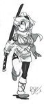  alex_ahad breasts cleavage gloves goggles goggles_on_head gouma_reifuden_izuna highres izuna katana large_breasts mismatched_legwear monochrome scarf sheath sheathed short_hair signature single_thighhigh solo sword thighhighs weapon 