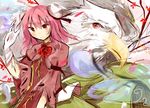  bandages bird double_bun eagle ghost ibaraki_kasen petals pink_eyes pink_hair tamagogayu1998 touhou 