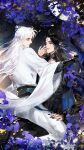  2boys aqua_bow aqua_sailor_collar asian black_hair black_hanfu black_horns black_nails bow bracer brown_eyes character_request chinese_clothes closed_mouth copyright_request couple cowboy_shot demon_boy demon_horns diamond_cutout eyelashes facial_mark flower forehead forehead_mark hair_bow hand_on_another&#039;s_thigh hanfu happy highres horns layered_sleeves light_particles long_hair long_sleeves looking_at_another male_focus moon multiple_boys nail_polish night night_sky outdoors pointy_ears purple_flower sailor_collar sash sitting sitting_on_lap sitting_on_person sky sleeves_past_wrists smile thick_eyebrows topknot tree under_tree waist_sash white_hair white_hanfu wide_sleeves yaoi ye_dian_pikaqiu 