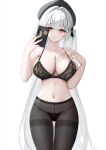  +_+ 1girl azur_lane bare_shoulders beret black_bra black_hat black_panties black_pantyhose bra breasts cellphone character_sticker cleavage collarbone commentary_request cross-shaped_pupils hair_intakes hand_up hat highres holding holding_phone lace-trimmed_bra lace-trimmed_panties lace_trim large_breasts light_blush long_hair looking_at_viewer manjuu_(azur_lane) nail_polish navel official_alternate_costume one_side_up panties panties_under_pantyhose pantyhose parted_lips phone pink_nails red_eyes scylla_(azur_lane) scylla_(femme_fatale_fresher)_(azur_lane) simple_background smartphone smile solo standing stomach string_panties symbol-shaped_pupils taking_picture touxing_no_diluka underwear very_long_hair white_background white_hair 