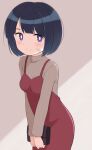  1girl absurdres azuki-iro bag bandage_on_face bandages black_hair blue_eyes blush bob_cut breasts commentary_request gundam gundam_gquuuuuux highres holding holding_bag leaning_forward looking_at_viewer mature_female mobile_suit_gundam no_sclera shiiko_sugai short_hair simple_background smile solo sweater turtleneck turtleneck_sweater 