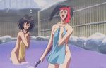  1boy 2girls 90s animated animated_gif ass gene_starwind melfina multiple_girls naked nude outlaw_star snow twilight_suzuka water 