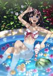  bikini black_hair blue_eyes dappled_sunlight flower food fruit goggles goggles_on_head kyon_(fuuran) looking_at_viewer navel open_mouth original partially_submerged rubber_duck short_hair sitting solo sunlight swimsuit wading_pool water water_gun watermelon 