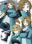  1boy 3girls :d adjusting_eyewear animal belt bird black_pants black_shoes blonde_hair blue_eyes blue_jacket blush breasts brown_hair candy chocolate chocolate_bar coat crossed_arms devyat&#039;_association_north_uniform dot_nose food food_in_mouth goggles goggles_on_head hair_between_eyes hand_on_eyewear high_collar highres jacket large_breasts leg_up limbus_company long_hair looking_at_object looking_at_viewer mole mole_under_eye multiple_girls notice_lines open_mouth overcoat pants parted_lips penguin project_moon ro/ku rodion_(project_moon) sam_browne_belt shoes short_hair simple_background sinclair_(project_moon) smile suitcase sweatdrop tablet_pc teeth upper_teeth_only waving white_background white_coat yellow_eyes zipper zipper_pull_tab 