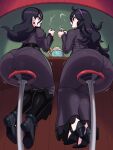  2girls @_@ absurdres ahoge ass ball_earrings bar_stool black_corset black_hair breasts corset counter cup dress earrings food from_below hair_between_eyes hairband hex_maniac_(pokemon) hex_maniac_(pokemon_legends:_z-a) high_heels highres holding holding_cup huge_ass indoors jewelry juliet_sleeves long_dress long_hair long_sleeves looking_at_another messy_hair motion_lines multiple_girls open_mouth pantyhose pantylines pearl_earrings pokemon pokemon_legends:_z-a pokemon_xy puffy_sleeves purple_dress purple_eyes purple_hairband purple_lips purple_nails seios sitting sitting_on_object smoke sphere_earrings stool tea teacup teapot 