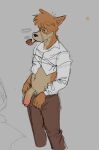2024 anthro bottomwear brown_body brown_fur brown_hair canid canine canis clothed clothing collared_shirt colored_sketch domestic_dog dress_shirt foreskin froburr fur genitals hair humanoid_genitalia humanoid_penis male mammal navel open_bottomwear open_clothing open_pants pants penis penis_poking_out sherlock_hound sherlock_hound_(series) shirt sketch smoke smoking_pipe solo tan_body tan_fur tired_eyes topwear