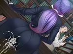  1girl aftersex ass black_hair black_lilith book butler censored cum cum_on_clothes cumdrip eyes_closed from_behind game_cg gloves highres huge_ass kagami_hirotaka long_hair onmyou_kishi_towako onmyou_kishi_towako:_hebi_kami_no_inma_choukyou open_mouth purple_hair shiki_reika short_hair sitting sitting_on_person standing table 