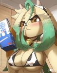 animal_print animal_print_bikini anthro bikini blush bovid_horn bovine_horn clothing cow_horn cow_outfit cow_print cow_print_bikini cowbell eeveelution female generation_4_pokemon green_highlights green_nipples hi_res highlights_(coloring) holding_milk horn kemono leafeon looking_at_viewer nintendo nipples pattern_bikini pattern_clothing pattern_swimwear pokemon pokemon_(species) rilex_lenov solo swimwear tagme two-piece_swimsuit