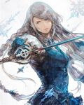  1girl blue_vest braid english_commentary fighting_stance final_fantasy final_fantasy_xvi grey_eyes grey_hair highres holding holding_sword holding_weapon ice_shard jill_warrick leather_vest long_hair looking_at_viewer low-tied_long_hair official_art serious single_braid snowflakes solo sword takahashi_kazuya vest weapon 