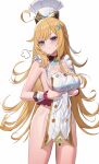  1girl 3: absurdres ahoge apron bare_arms bare_shoulders blonde_hair blue_eyes breasts chef_hat closed_mouth commentary_request cowboy_shot escoffier_(genshin_impact) genshin_impact hair_ornament hat highres korean_commentary large_breasts long_hair looking_at_viewer naked_apron simple_background solo soul_(smfa2555) standing thighs very_long_hair white_apron white_background white_hat wrist_cuffs 