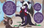 bat_wings blurred_background brown_body brown_hair cloak clothing dialogue dracony dragon duo feathered_wings feathers female feral green_eyes hair hi_res knife_(vavacung) lucretiar male male/female membrane_(anatomy) membranous_wings mythological_creature mythological_scalie mythology orange_eyes patchwork_creature purple_body scalie tail text torment_(potzm) vavacung weapon_tail white_hair wings