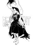  1girl ascot barefoot black_dress bonnet breasts closed_mouth doll_joints dress elden_ring elden_ring_nightreign frilled_dress frills goth_fashion gothic_lolita hammer high_collar highres holding holding_hammer joints juliet_sleeves lolita_fashion long_hair long_sleeves monochrome official_alternate_costume osakana_(denpa_yun&#039;yun) parted_bangs puffy_sleeves revenant_(elden_ring) small_breasts solid_circle_eyes solo standing torn_clothes white_ascot white_hair 