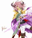  baal_(p&amp;d) blue_eyes cape heterochromia horns lightning magic male_focus mask pointy_ears puzzle_&amp;_dragons red_eyes red_hair solo toma_(imyplus) 