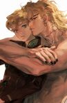  2boys abs absurdres arms_around_back arms_up black_jacket black_nails blonde_hair bug closed_mouth collared_jacket crossed_arms dio_brando dutch_angle earrings father_and_son giorno_giovanna green_eyes hair_between_eyes high_collar highres hoop_earrings jacket jewangchobab jewelry jojo_no_kimyou_na_bouken ladybug ladybug_ornament long_hair long_scar looking_at_another looking_at_viewer male_focus multiple_boys nail_polish parted_lips piercing scar scar_on_neck simple_background single_earring topless_male upper_body white_background wing_ornament 