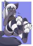 2025 4_toes 5_fingers absurd_res bedroom_eyes big_ears breasts butt canid canine canis claws clothing digit_ring eyelashes fangs feet female fingers foot_focus footwear hair heterochromia hi_res hindpaw jewelry legwear looking_at_viewer mammal narrowed_eyes panqueik paws ponytail presenting ring seductive socks soles solo stockings teasing teasing_viewer teasing_with_feet teeth toe_ring toes wolf
