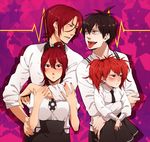  2boys 2girls black_hair blood_lad blush brother_and_sister crossover free! hand_on_hip hug hug_from_behind matsuoka_gou matsuoka_rin multiple_boys multiple_girls nail_polish necktie ponytail pout red_eyes red_hair sharp_teeth shirt siblings skirt tongue tongue_out twintails vlad_charlie_staz vlad_t._liz white_shirt 