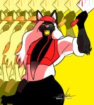 2025 anthro black_body black_bottomwear black_clothing black_ears black_fur black_gloves black_handwear black_pants blood blood_on_weapon bodily_fluids bottomwear butcher_knife butcher_vanity canid canine clothing cutlery ear_tuft fluffyhound fur gloves hair handwear heterochromia hi_res kitchen_utensils knife looking_at_viewer male mammal open_mouth open_smile pants red_cap red_clothing simple_background smile snout solo teeth tongue tools tuft watermark weapon white_clothing white_hair yellow_background yellow_tongue