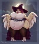 anthro avian belly big_belly bird blue_clothing blue_topwear bottomwear brown_clothing brown_legwear clothing cloud feathered_wings feathers female front_view galliform hat headgear headwear hi_res legwear looking_at_viewer moon mouth_closed night phasianid pregnant pregnant_anthro pregnant_female purple_bottomwear purple_clothing purple_eyes purple_hat purple_headwear purple_skirt skirt solo standing tan_body tan_wings tiggybloom tight_clothing tight_legwear tight_topwear topwear turkey white_wings wings