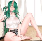  1girl arknights bare_shoulders barefoot black_panties breasts casual choker collarbone covered_nipples crop_top crop_top_overhang dishwasher1910 green_hair hair_between_eyes hair_over_one_eye hand_in_own_hair hands_on_feet highres holding holding_own_hair horns hoshiguma_(arknights) jewelry knee_up lace lace-trimmed_panties lace_panties lace_trim large_breasts long_hair looking_at_viewer necklace off-shoulder_shirt off_shoulder panties parted_lips shirt sidelocks single_horn sitting skin-covered_horns solo spread_legs thighs underwear wooden_floor yellow_eyes 