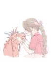  1boy 1girl aerith_gainsborough animal animal_earrings bangle beads bracelet braid braided_ponytail brown_hair closed_eyes cropped_jacket dress facial_mark feather_hair_ornament feathers final_fantasy final_fantasy_vii final_fantasy_vii_rebirth final_fantasy_vii_remake hair_beads hair_ornament hair_ribbon hands_on_another&#039;s_cheeks hands_on_another&#039;s_face highres jacket jewelry long_hair orange_fur parted_bangs parted_lips pink_dress pink_ribbon red_jacket red_xiii ribbon ringon scar scar_across_eye scar_on_face short_sleeves sidelocks single_braid sketch smile upper_body white_background 