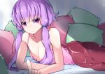  1girl absurdres bare_arms bare_shoulders blanket breasts collarbone commentary_request eyebrows_visible_through_hair green_pillow hair_ornament highres long_hair looking_at_viewer lying nightgown no_bra on_stomach open_mouth pillow pointing pointing_at_viewer pon_(shind_997) purple_eyes purple_hair purple_nightgown red_blanket red_pillow short_hair_with_long_locks small_breasts solo striped twintails voiceroid yuzuki_yukari 