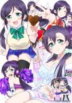  2girls birthday black_hair blush breasts cleavage commentary finger_gun flat_chest flat_chest_grab grabbing_another&#039;s_breast green_eyes grin groping highres large_breasts long_hair looking_at_viewer love_live! love_live!_school_idol_project low_twintails multiple_girls multiple_views one_eye_closed otonokizaka_school_uniform pom_pom_(cheerleading) purple_hair school_uniform smile symbol-only_commentary takaramonozu tojo_nozomi twintails watermark yazawa_nico zero-theme 