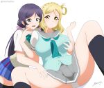  2girls absurdres alterrealzero black_socks blonde_hair blue_skirt bow bowtie breasts english_commentary grabbing_another&#039;s_breast green_bow green_bowtie green_eyes green_neckerchief green_vest grey_sailor_collar grey_skirt groping hair_rings highres large_breasts love_live! love_live!_school_idol_project love_live!_sunshine!! medium_hair multiple_girls neckerchief ohara_mari panties plaid_bow plaid_bowtie plaid_clothes plaid_skirt pleated_skirt purple_hair sailor_collar shirt short_sleeves simple_background skirt socks spread_legs sweater_vest tojo_nozomi underwear vest white_background white_panties white_shirt yellow_eyes yellow_sweater_vest yuri 