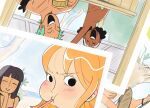  2girls 3boys ^_^ arm_up black_hair blunt_bangs blush cesel closed_eyes commentary cup dark-skinned_male dark_skin eating holding holding_cup monkey_d._luffy multiple_boys multiple_girls nami_(one_piece) nico_robin one_piece outdoors photo_(object) roronoa_zoro sandals usopp 
