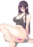  black_hair blush breasts camisole cleavage covered_nipples glasses large_breasts long_hair looking_at_viewer muffin_(sirumeria) no_bra open_mouth original panties simple_background sitting solo tank_top underwear 