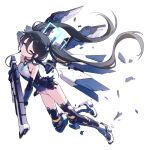  1girl aris_(blue_archive) aris_(mecha_suit)_(blue_archive) armor bare_shoulders black_hair blue_archive blue_eyes blue_leotard blue_necktie gun hair_between_eyes highres holding holding_gun holding_weapon kurana_(atlas) leotard long_bangs long_hair looking_at_viewer mecha_pilot_suit necktie official_alternate_costume official_alternate_hairstyle open_mouth sidelocks simple_background solo twintails weapon white_background 