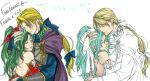  0505nao 1boy artist_progress bare_shoulders blonde_hair bridal_gauntlets cape closed_eyes couple cropped_torso dated detached_sleeves earrings edgar_roni_figaro english_text final_fantasy final_fantasy_vi flat_color green_hair hand_on_another&#039;s_head hug jewelry light_frown long_hair low_ponytail ponytail redrawn ribbon sketch spot_color terra_branford unfinished white_background 