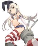  bad_id bad_pixiv_id boots breasts brown_eyes brown_hair elbow_gloves from_below gloves kantai_collection lifebuoy long_hair looking_down medium_breasts midriff miniskirt navel panties rensouhou-chan ribbon shimakaze_(kantai_collection) sitting skirt solo striped striped_legwear tamakorogashi thighhighs underboob underwear 