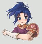  1girl armor artist_name bandana bandana_around_neck blue_eyes blue_hair blush eyebrows_hidden_by_hair female_kris_(fire_emblem) fingerless_gloves fire_emblem fire_emblem:_new_mystery_of_the_emblem gloves grey_background hair_elastic high_ponytail highres long_hair looking_at_viewer luci_(purrlucii) open_mouth parted_bangs ponytail shoulder_armor signature smile solo swept_bangs 