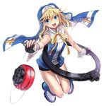  :d bike_shorts blonde_hair blue_eyes bridget_(guilty_gear) cross cuffs fingerless_gloves gloves guilty_gear habit hoop iria_(yumeirokingyo) male_focus nun open_mouth otoko_no_ko ribbon simple_background smile solo white_background yo-yo 