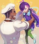  1boy 1girl ^^^ antenna_hair backpack bag bright_pupils commentary_request dark-skinned_male dark_skin dot_(pokemon) facial_hair green_pants green_shoes grey_bag hair_over_one_eye hat headphones jacket long_hair murdock_(pokemon) open_mouth pants pink_hair pokemon pokemon_(anime) pokemon_horizons purple_eyes purple_hair purple_jacket shoes short_sleeves star_(symbol) sweatdrop teeth uncle_and_niece upper_teeth_only watermark white_hat white_pupils wing_(wing_0319) 