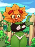 absurd_res anthro big_breasts biped blush bra breasts choker cleavage clothed clothing crop_top detailed_background electronic_arts elemental_creature eyelashes eyewear eyewear_on_head female fence flora_fauna flower flower_creature freckled_face freckles goggles goggles_on_head green_body hi_res huge_breasts huge_hips huge_thighs jewelry navel necklace non-mammal_breasts non-mammal_navel off-shoulder_crop_top open_mouth panties petal_hair plant plants_vs._zombies plants_vs._zombies_heroes popcap_games rabiosin shirt shirt_grab solar_flare solar_flare_(pvz) solo sunflower_(pvz) surprised thick_thighs topwear torn_clothing undead underwear wide_hips yellow_sclera zombie